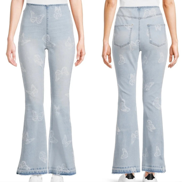 No Boundaries Denim - No Boundaries High Waist Pull-On Flare Jeans, Light Wash Butterfly Print, EUC!
